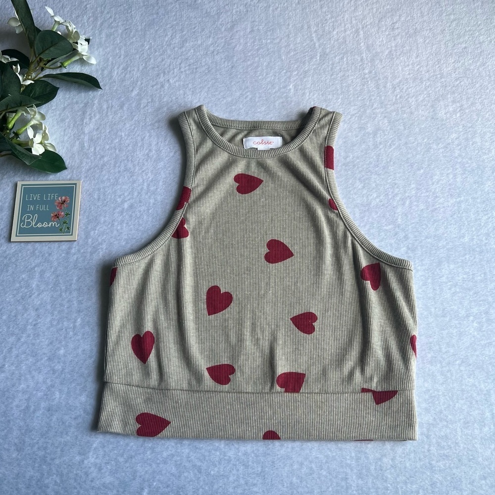 Colsie Gray with Red Heart Print Cropped Top Racer Back Size Small